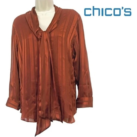 CHICO'S Terracotta Shadow Stripe Satin with Scarf Tie Buttons Top Blouse NWOT - Picture 1 of 10